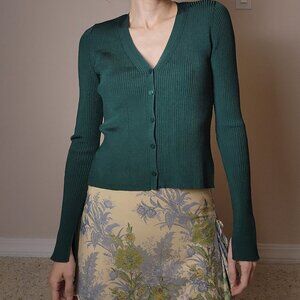 Y2K Abercrombie & Fitch Ribbed Button Front V Neck Cardigan Sweater Green Small